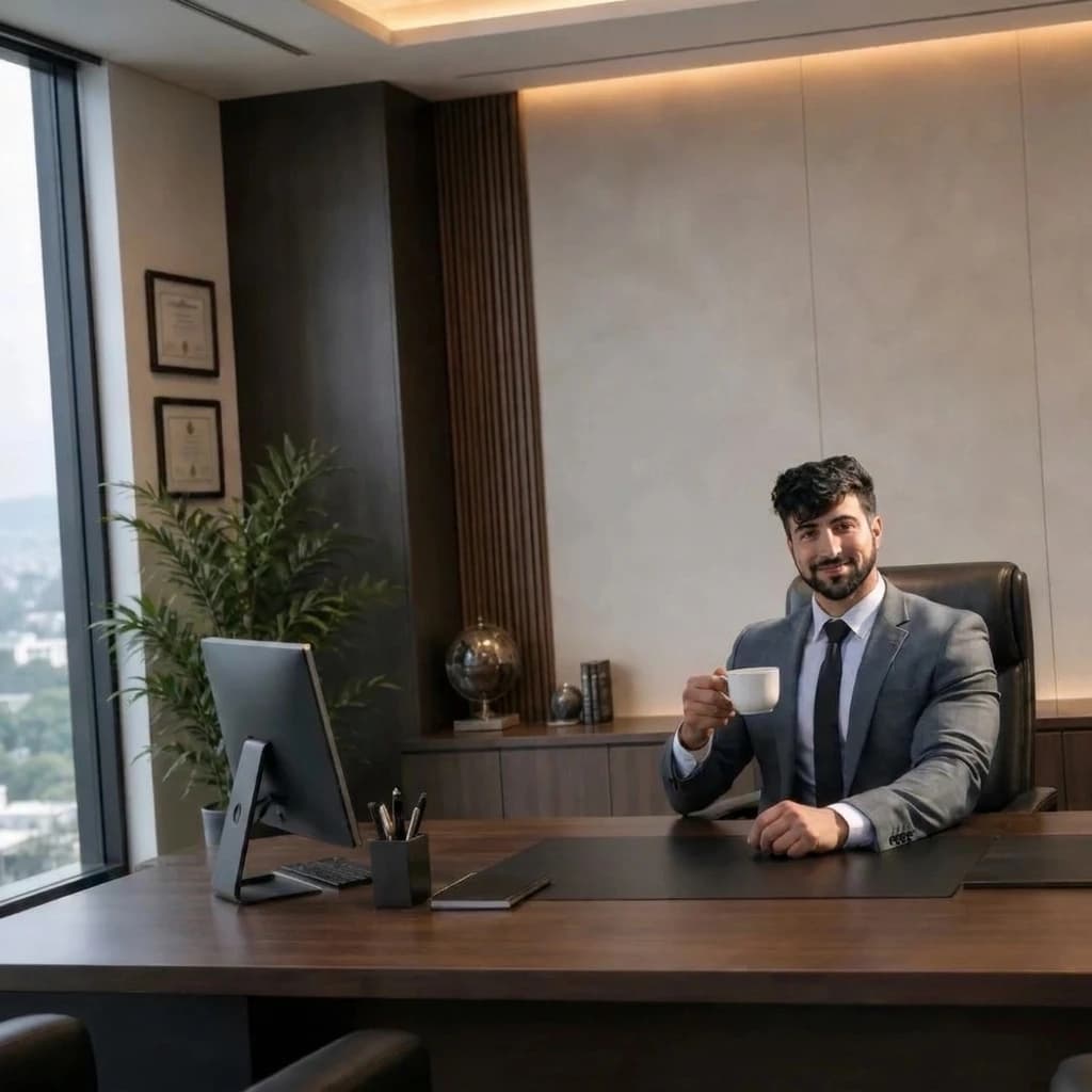 A NexusByte consultant smiling at his desk in a modern office overlooking the city