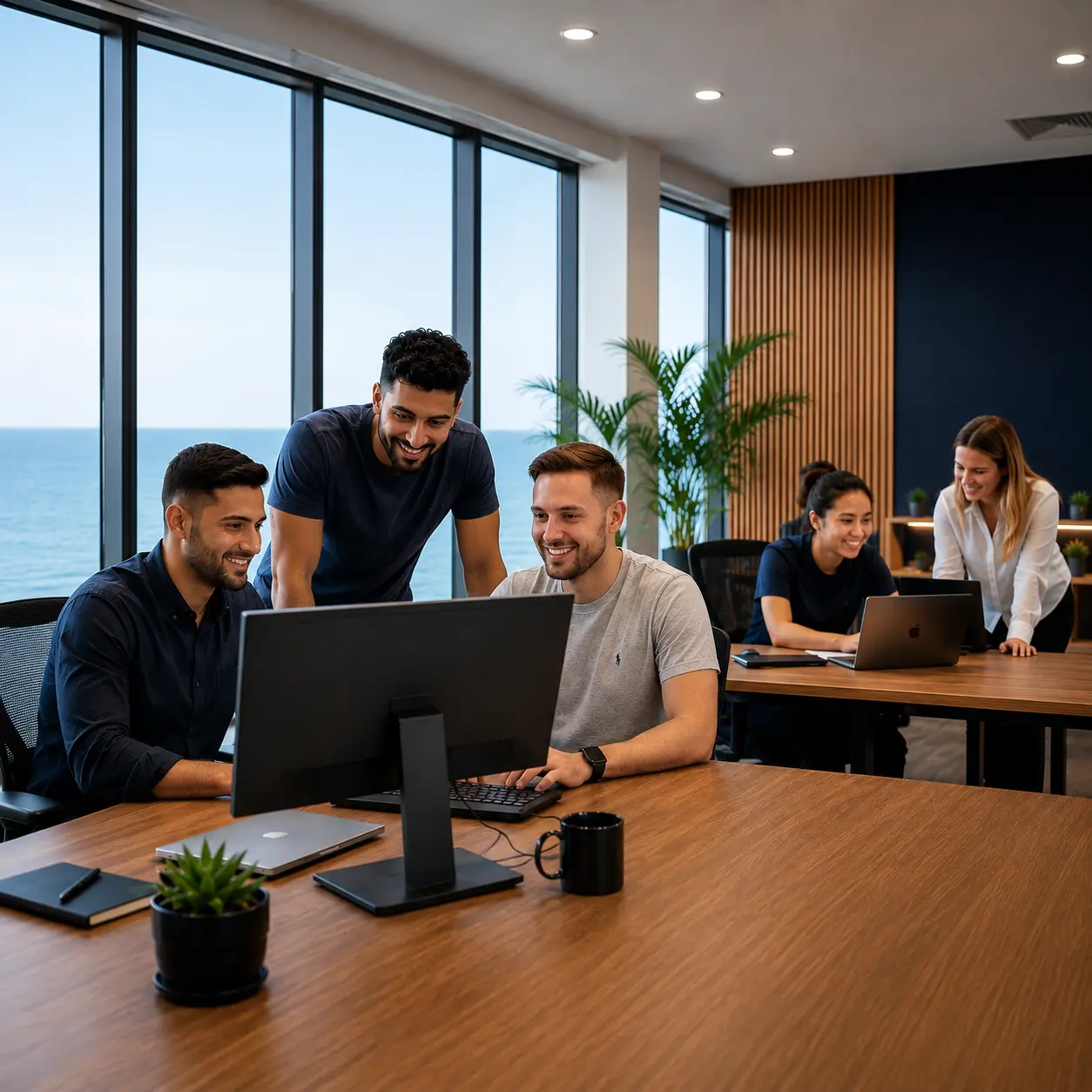 The NexusByte team collaborating around a screen in their modern Sydney office overlooking the ocean