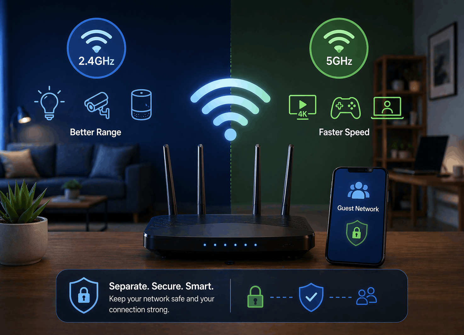Dual-band Wi-Fi router displaying separate 2.4GHz and 5GHz networks with a secure guest network on a smartphone
