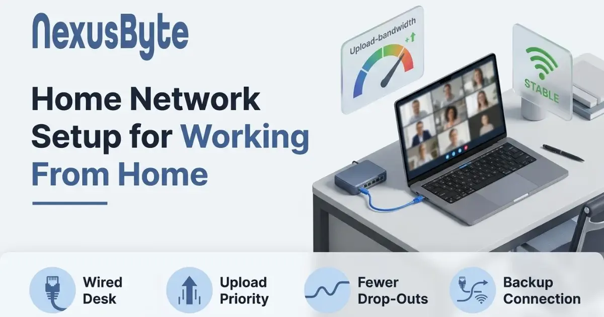 A laptop on a home desk showing a video-call grid, connected by a blue Ethernet cable to a small router, with panels above reading upload bandwidth and stable connection