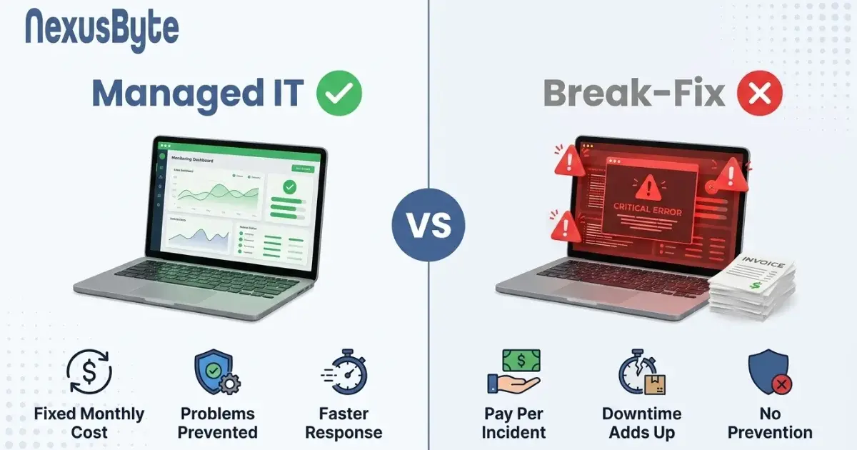 A split comparison: a laptop showing a green all-clear monitoring dashboard under Managed IT, against a laptop showing a red critical error beside a stack of invoices under Break-Fix
