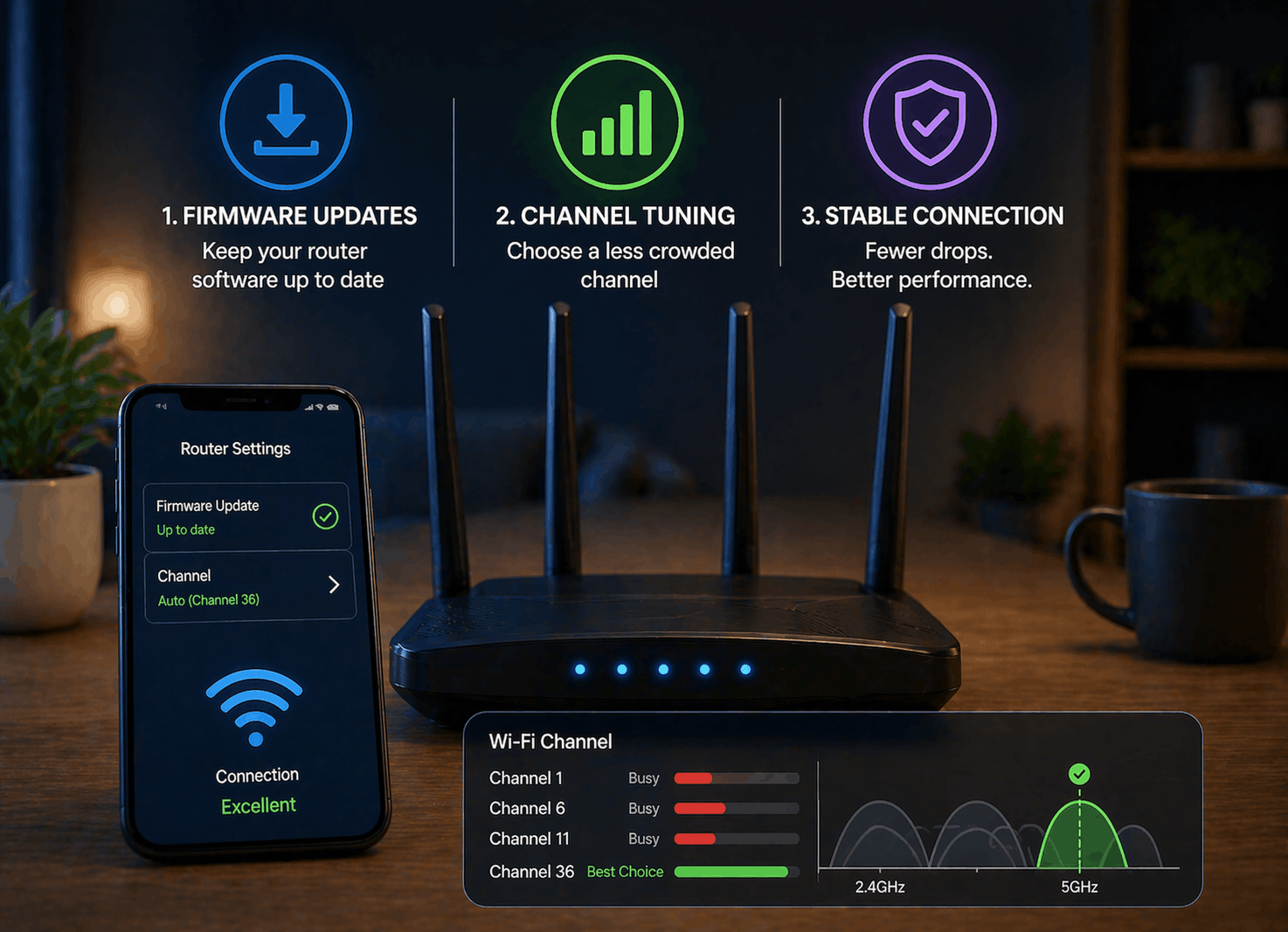 Wi-Fi router and smartphone showing firmware update settings and channel tuning options to improve connection stability and prevent signal drops.