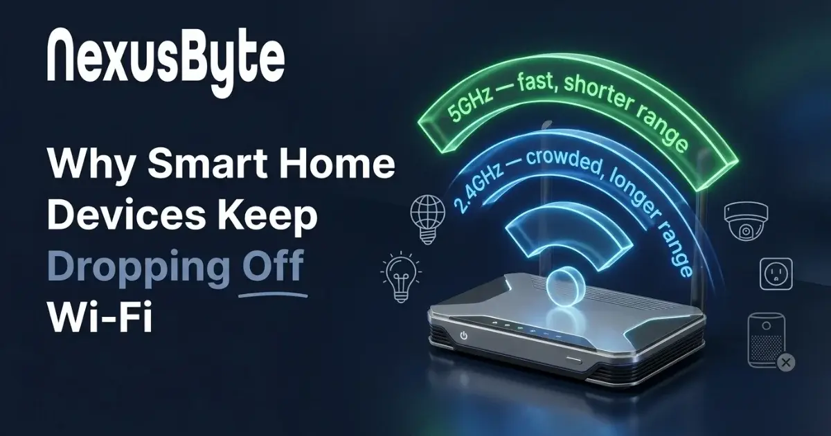 A router emitting two glowing Wi-Fi arcs labelled 5GHz fast shorter range and 2.4GHz crowded longer range, surrounded by smart globe, camera, plug and speaker icons with one shown offline