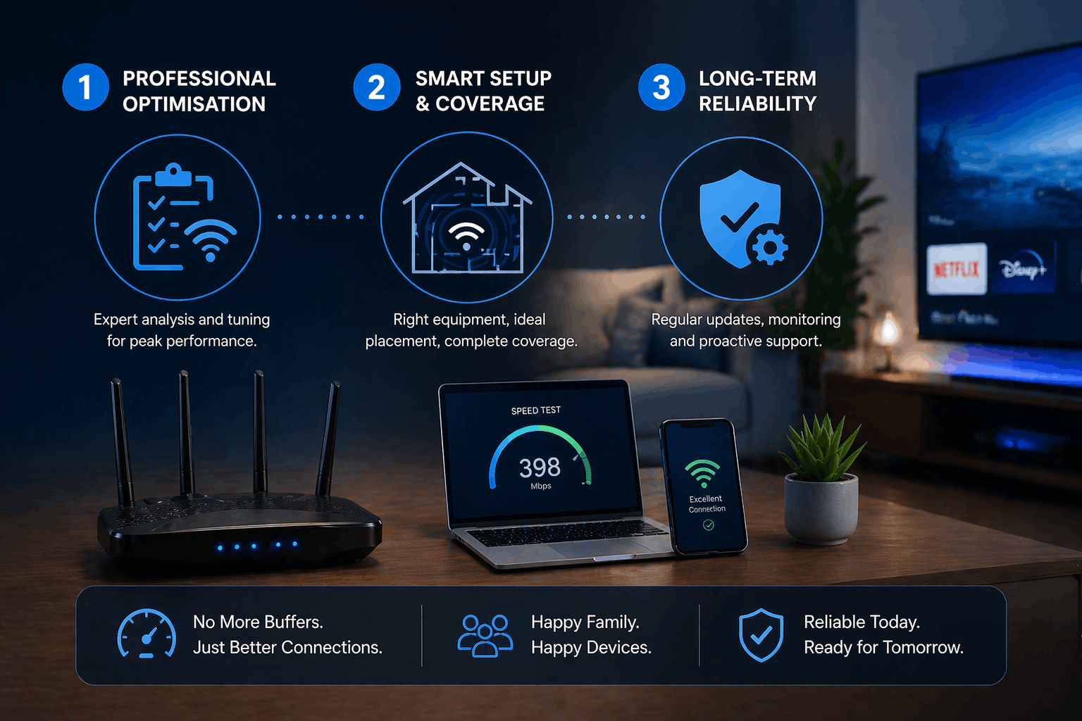 Three-step home Wi-Fi action plan showing professional optimisation, smart router placement and long-term network maintenance for reliable coverage