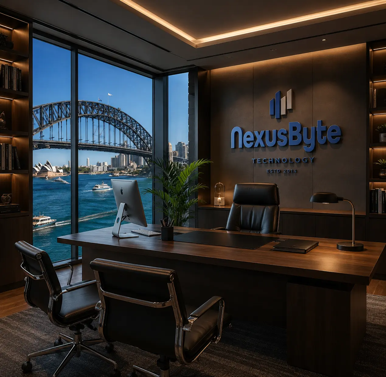 The NexusByte office in Sydney, with the company logo on the wall and floor-to-ceiling windows looking out over Sydney Harbour to the Harbour Bridge and Opera House