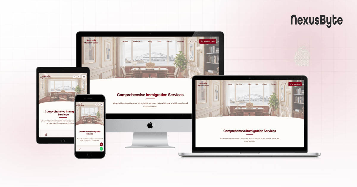 Australia Migration Centre website homepage, showing visa categories and consultation booking, built by NexusByte