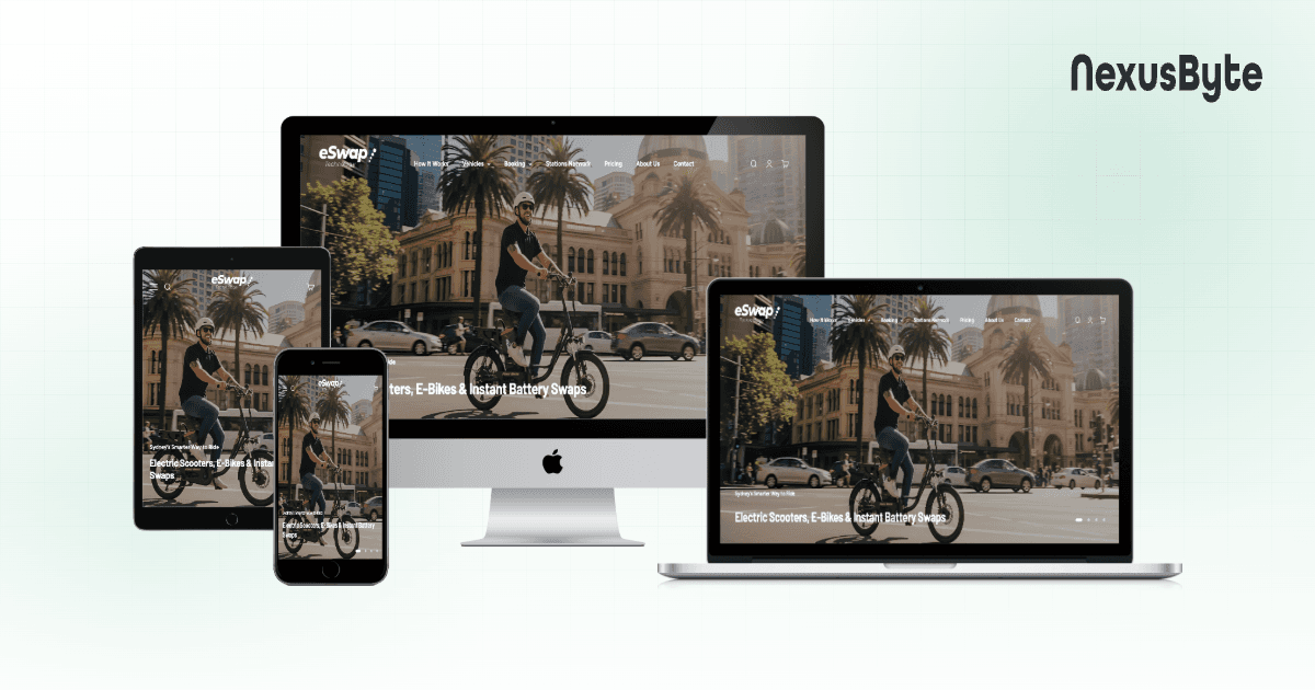 eSwap website homepage, showing electric bikes, scooters and the Sydney battery swap station network, built by NexusByte