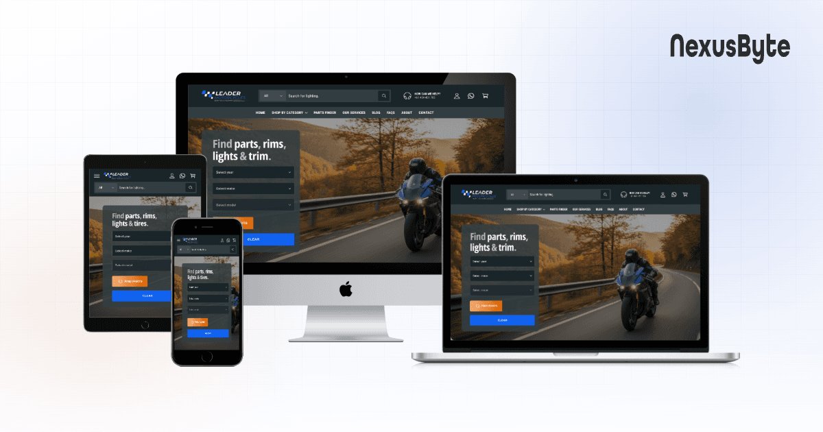 Leader Motorcycles online store homepage, showing motorcycle parts collections and the part finder, built by NexusByte