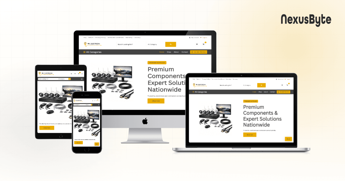 MK Electrical Supplies online store homepage, showing product categories and trade pricing, built by NexusByte