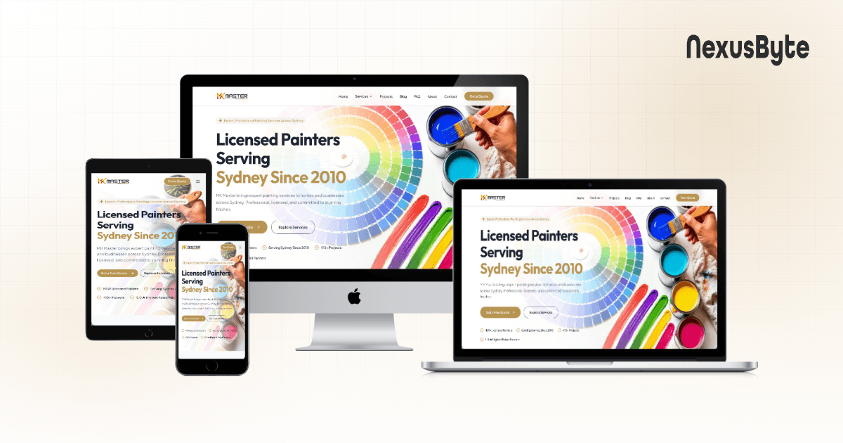 MK Master painting website homepage, showing residential and commercial painting services in Sydney, built by NexusByte