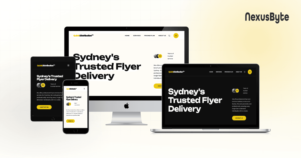 Quick Distribution website homepage, showing Sydney flyer delivery services and published pricing tiers, built by NexusByte
