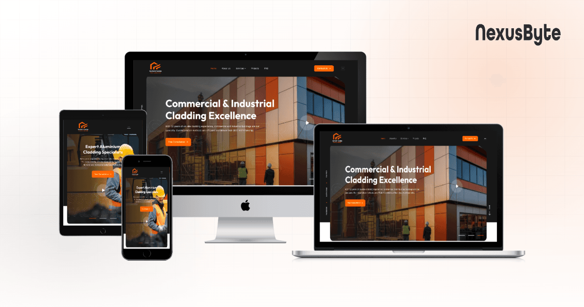 Southern Facades website homepage, showing aluminium composite cladding services for commercial and industrial buildings across NSW, built by NexusByte