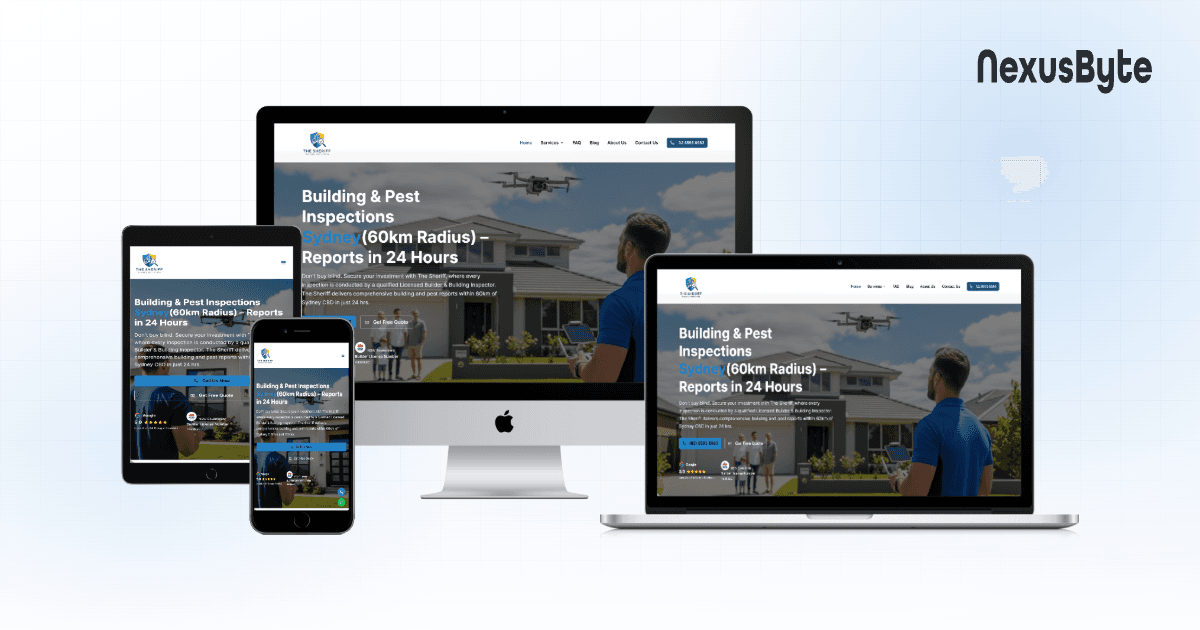 The Sheriff website homepage, showing building and pest inspection services across Sydney, built by NexusByte