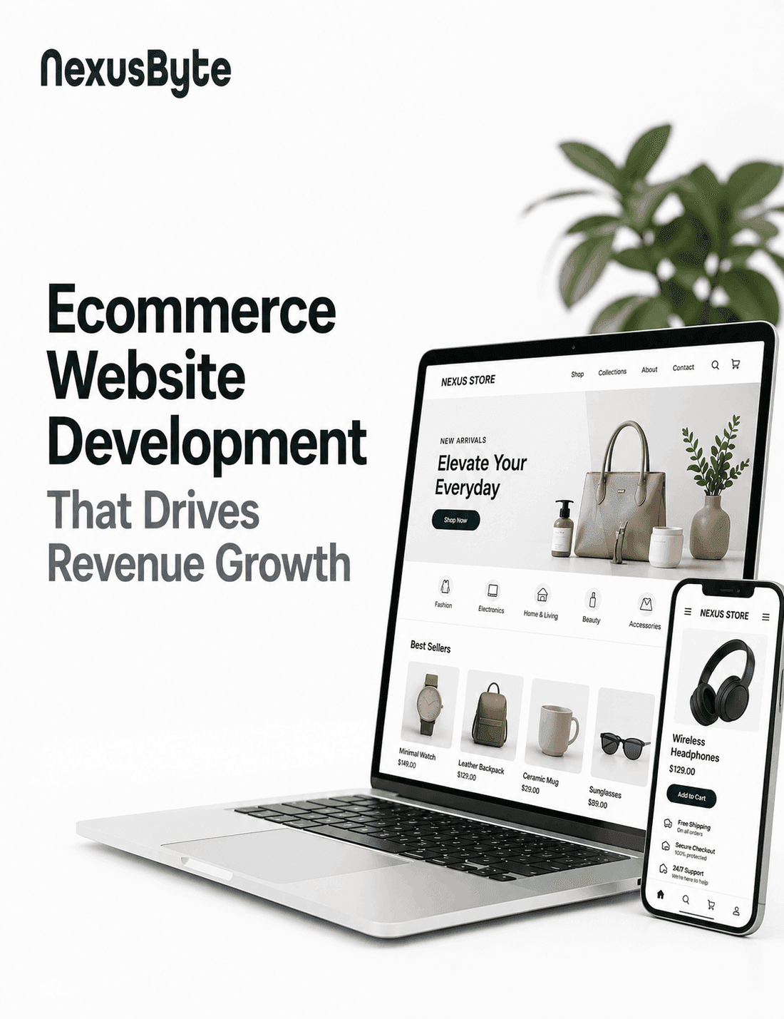 Ecommerce website development shown on laptop and mobile devices with NexusByte branding, designed to drive revenue growth