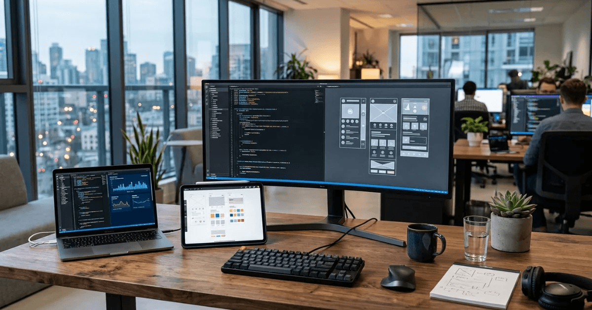 A custom web application in development on an ultrawide monitor split between code and interface wireframes, with a laptop and tablet alongside