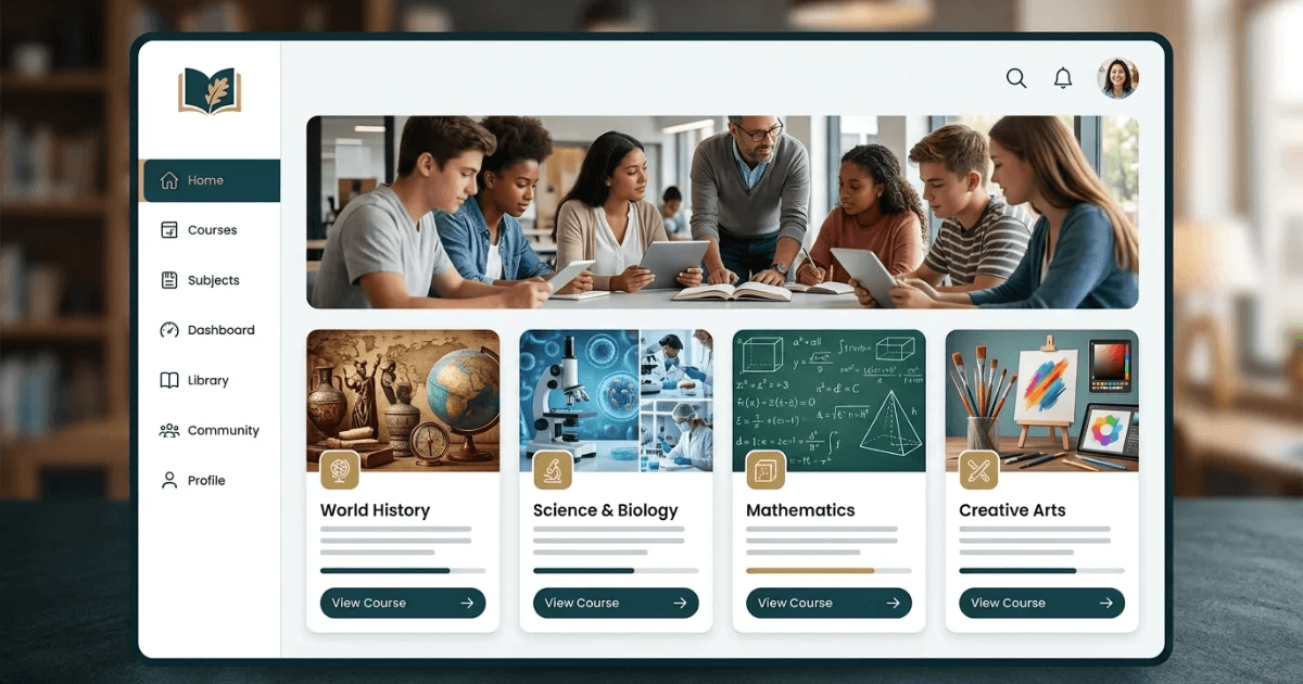 An education website's course dashboard with students working alongside a teacher and course cards for history, science, mathematics and creative arts