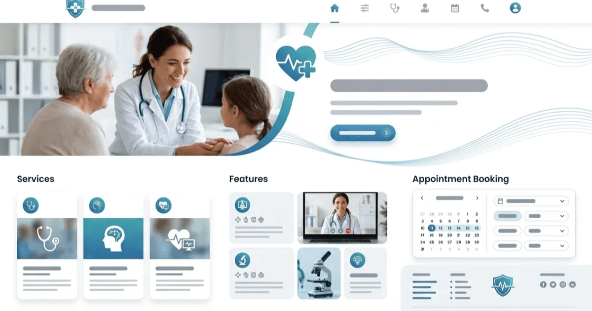 A healthcare website with a doctor consulting patients, service cards, a telehealth call and an appointment booking calendar