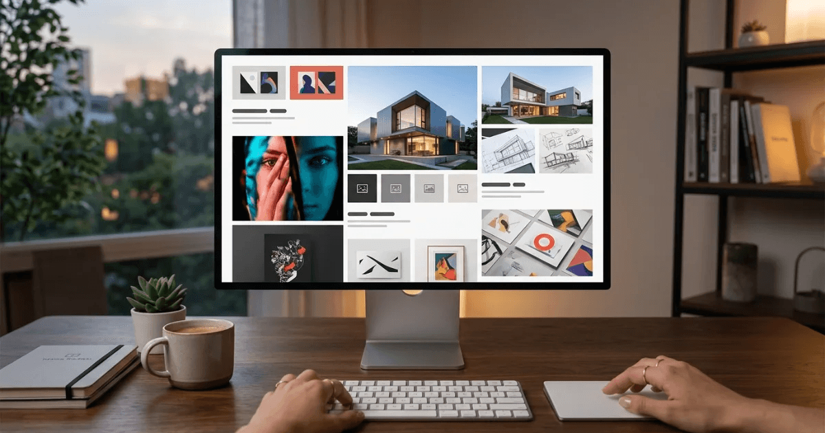 A portfolio website's project grid of architecture and design work on a large monitor, with hands resting on a keyboard and trackpad