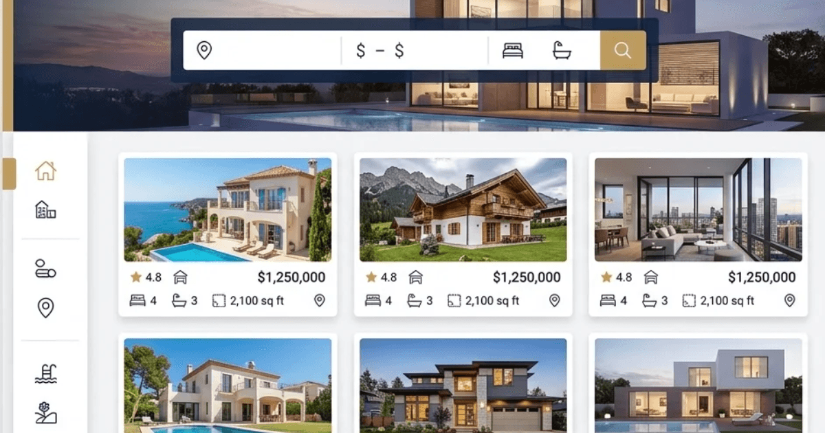 A real estate website with a property search bar over a modern home and listing cards showing price, bedrooms, bathrooms and floor area
