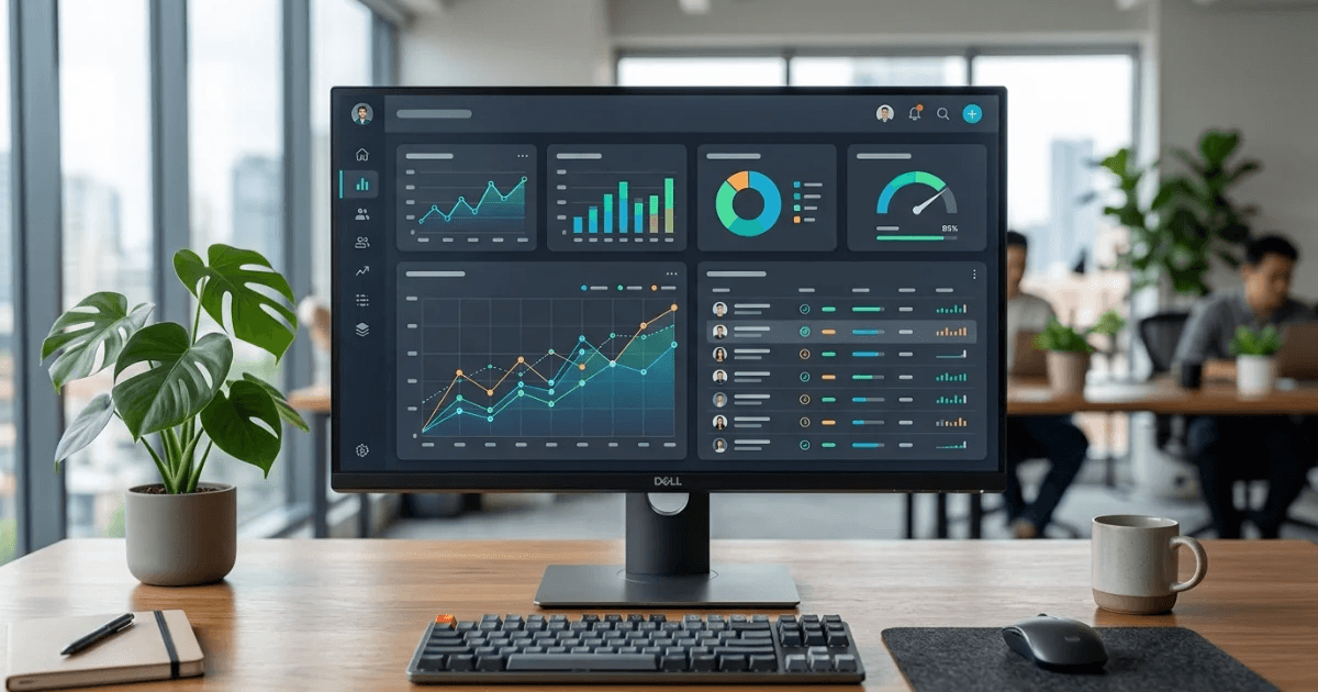 A SaaS analytics dashboard on a monitor showing trend, bar and donut charts, a performance gauge and a user activity table