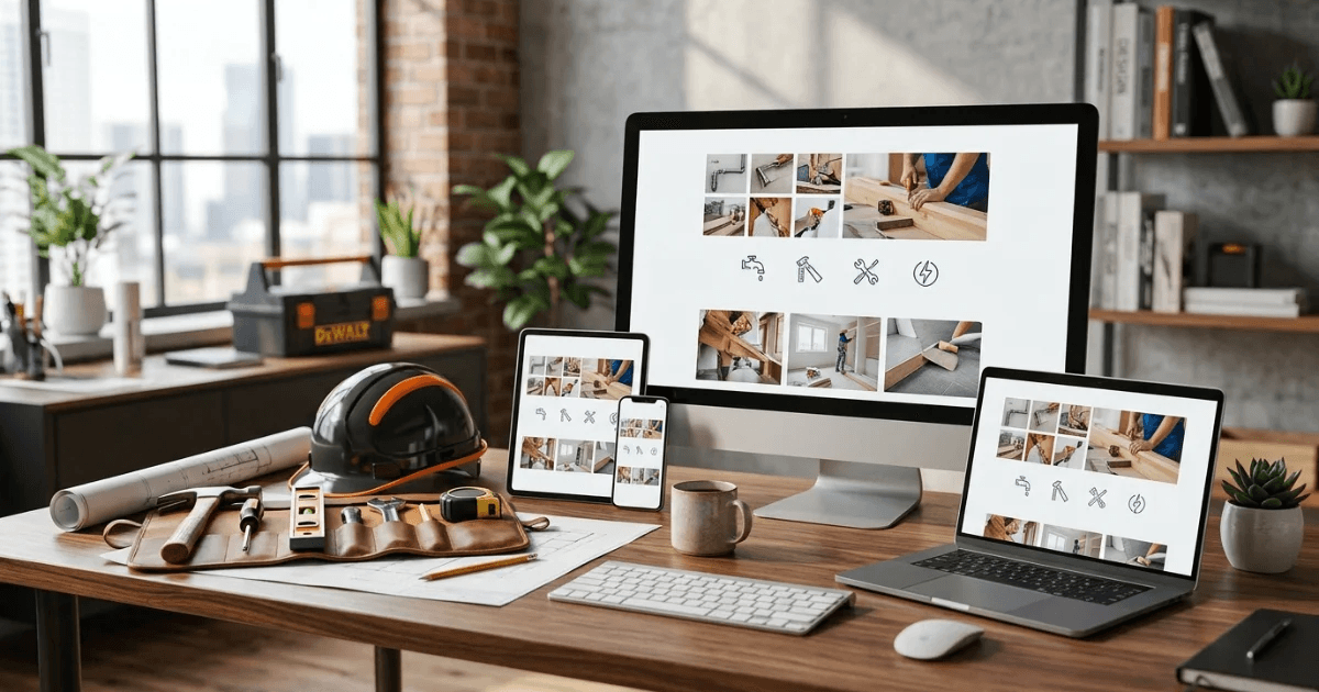 A tradie website shown across desktop, tablet, phone and laptop on a workbench laid with hand tools, a hard hat and rolled plans