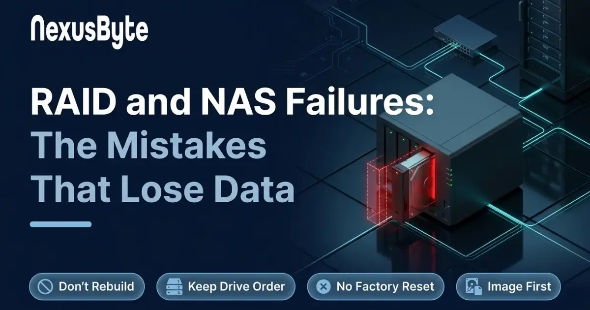 NexusByte blog header on a dark background: a four-bay NAS with one drive bay ejected and glowing red beside three green bays, under the title RAID and NAS Failures: The Mistakes That Lose Data.