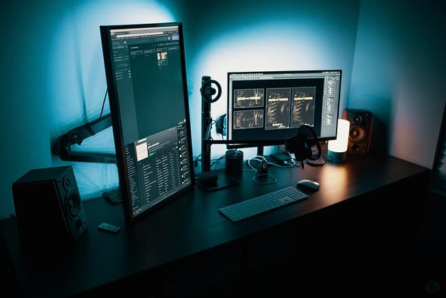 IT security specialist reviewing a network dashboard while hardening a business against cyber threats