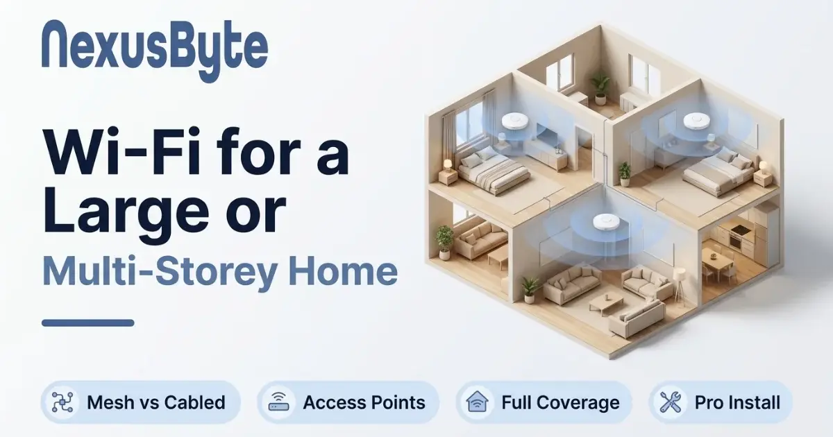 NexusByte blog header: an isometric cutaway of a two-storey home with three ceiling access points sending Wi-Fi arcs into every room, under the title Wi-Fi for a Large or Multi-Storey Home.