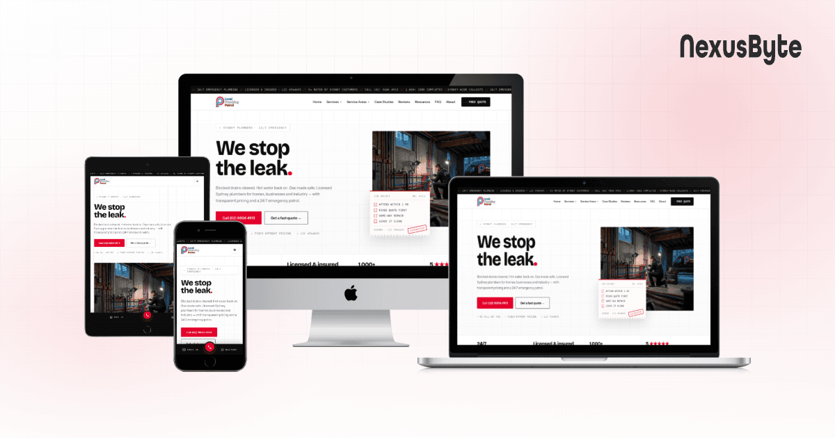 Local Plumbing Patrol website homepage, showing 24/7 emergency plumbing services and Sydney service regions, built by NexusByte