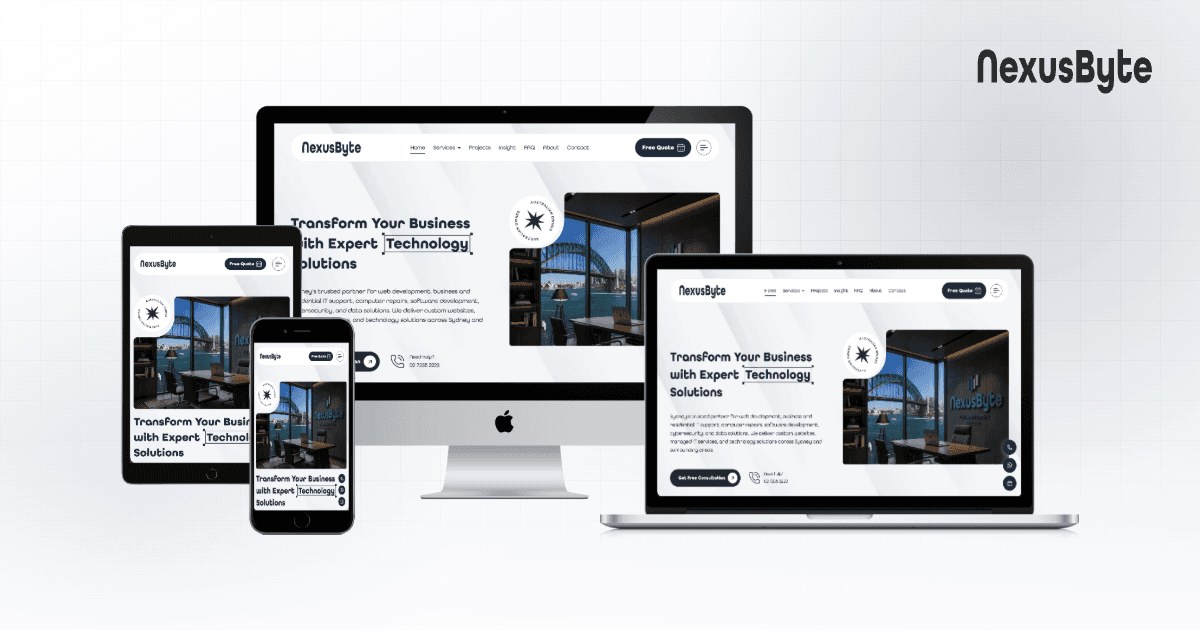 The NexusByte website homepage, showing IT support and web development services for Sydney, designed and built in-house
