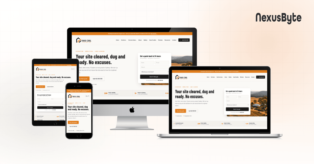 Ouss Civil excavation and demolition website homepage, showing services and Sydney service areas, built by NexusByte