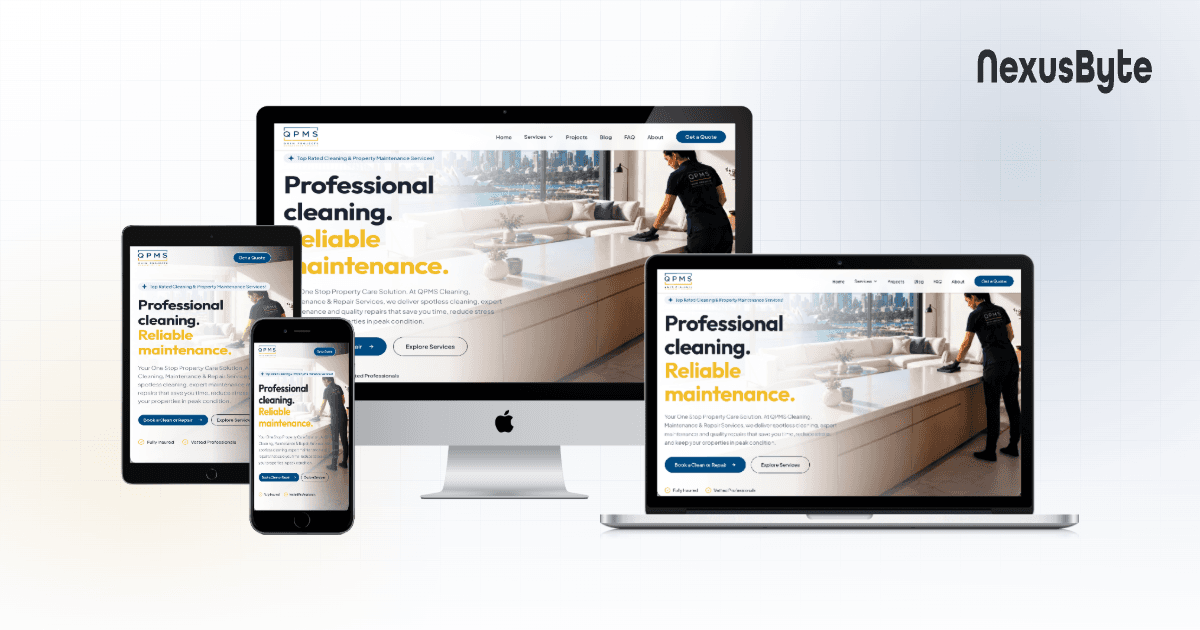 QPMS Cleaning Services website homepage, showing cleaning and property maintenance services for Sydney, built by NexusByte