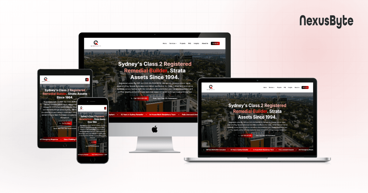 Quin Projects website homepage, showing remedial building and strata maintenance services for Sydney's Eastern Suburbs, built by NexusByte