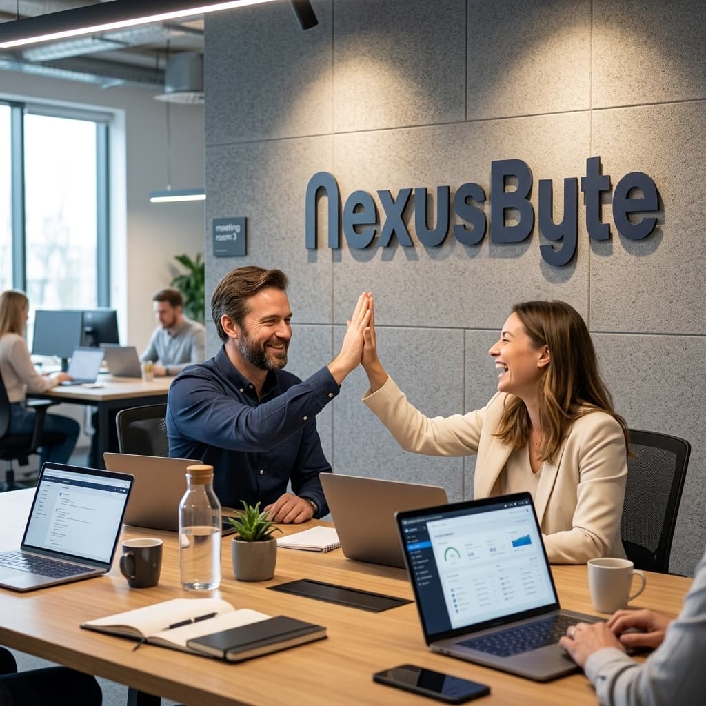Two NexusByte team members high-five at a laptop-filled meeting table in the NexusByte office