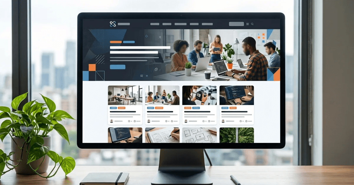 A content and blog website on a monitor, with a featured article hero and a grid of post cards carrying author avatars and tags