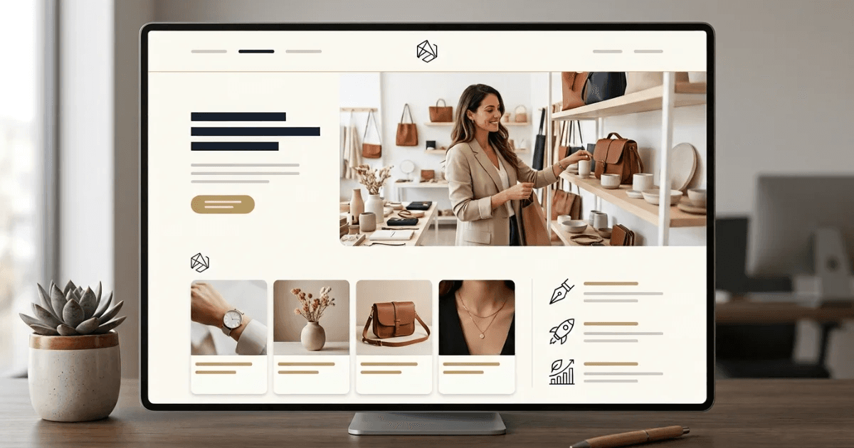 An online store homepage on a desktop monitor, with a shop hero image and a row of product cards for a watch, vase, handbag and jewellery