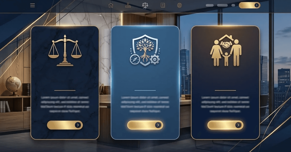 A law firm website's practice area cards in navy and gold, with scales of justice, protection and family law icons above a city office