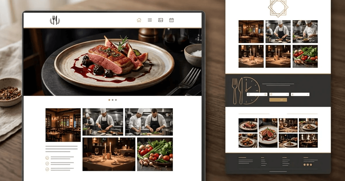 A restaurant website showing a plated main course hero, a gallery of chefs and the dining room, and a table booking form
