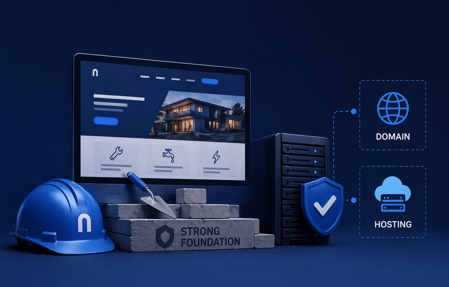 Illustration of website domain and hosting setup for tradies showing a secure website foundation with server hosting and domain connection