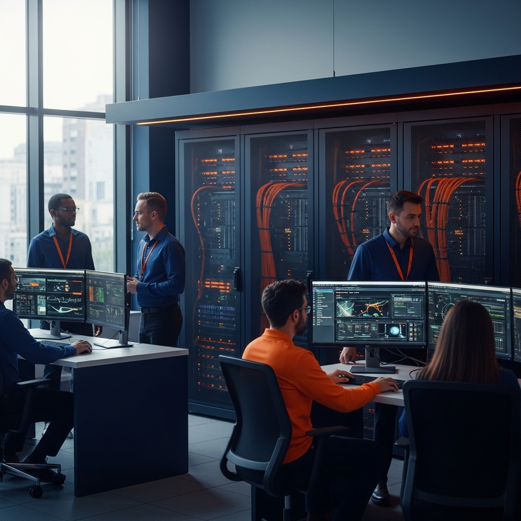 Network operations center with IT professionals monitoring security dashboards
